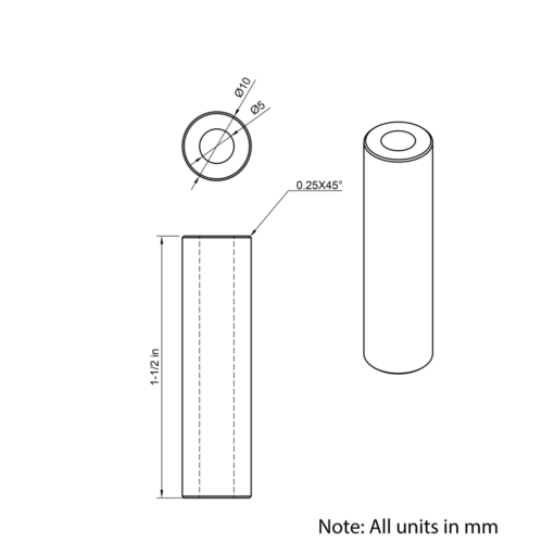 Technical Drawing Of Aluminium Spacer - 5mm - 1-1/2
