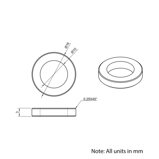 Technical Drawing Of Aluminium Spacer - 10mm - 3mm
