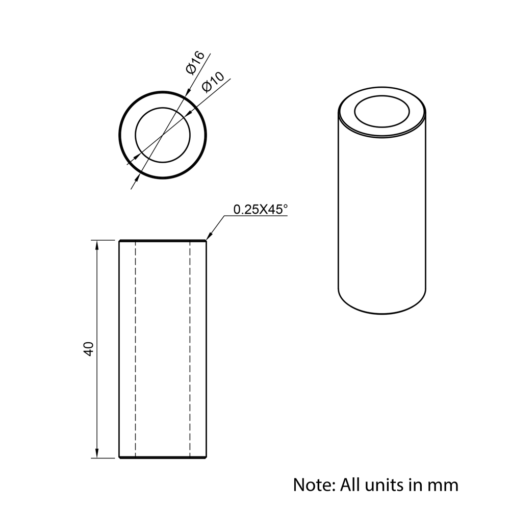 Technical Drawing Of Aluminium Spacer - 10mm - 40mm