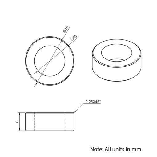 Technical Drawing Of Aluminium Spacer - 10mm - 6mm