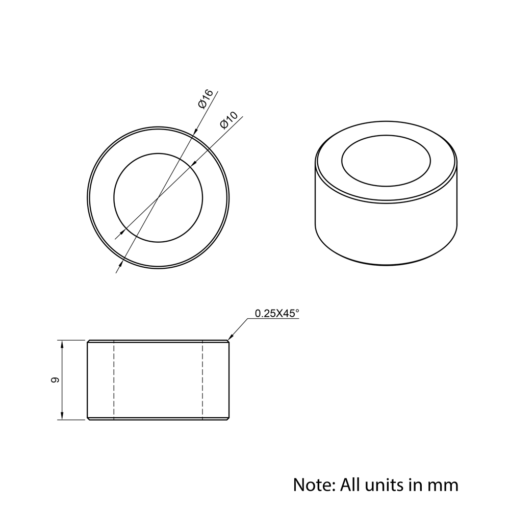 Technical Drawing Of Aluminium Spacer - 10mm - 9mm