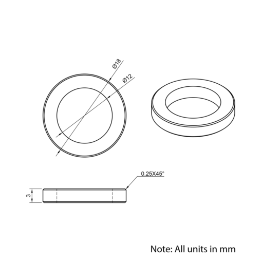 Technical Drawing Of Aluminium Spacer - 12mm - 3mm