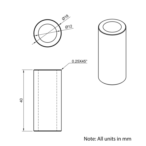 Technical Drawing Of Aluminium Spacer - 12mm - 40mm