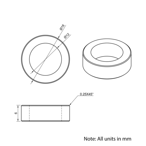 Technical Drawing Of Aluminium Spacer - 12mm - 6mm