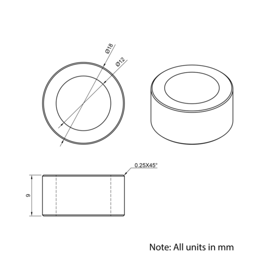 Technical Drawing Of Aluminium Spacer - 12mm - 9mm