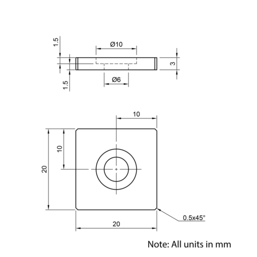 Technical Drawing Of Aluminium End Cap - 20 Series - 20x20 - With Fixings
