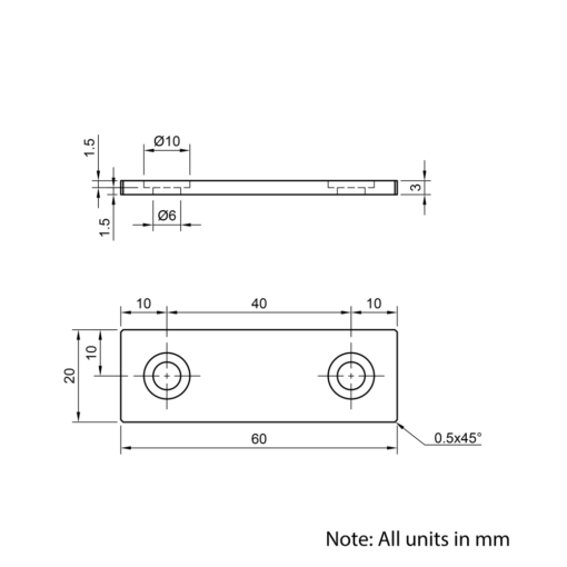 Technical Drawing Of Aluminium End Cap - 20 Series - 20x60 - With Fixings