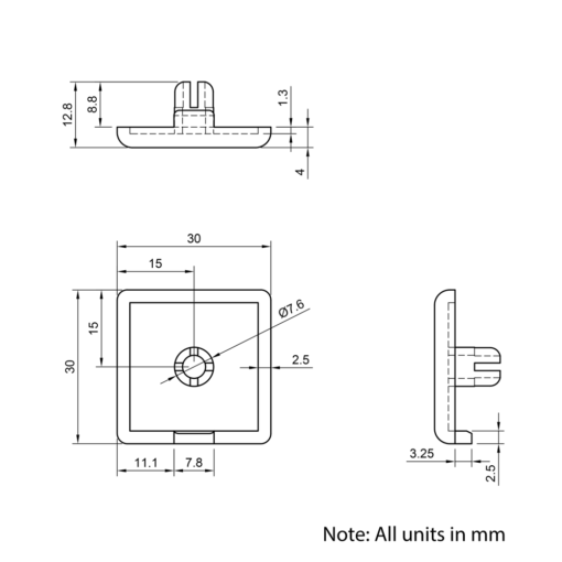 Technical Drawing Of Plastic End Cap - 30 Series - 30x30