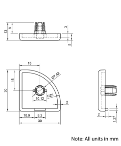 Technical Drawing Of Plastic End Cap - 30 Series - 30x30 - 90 Degree Radius