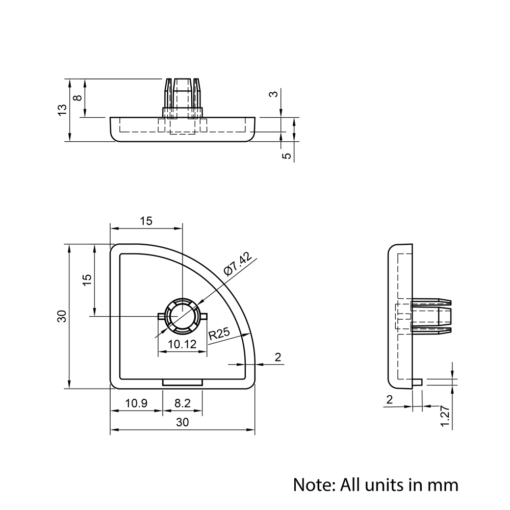 Technical Drawing Of Plastic End Cap - 30 Series - 30x30 - 90 Degree Radius