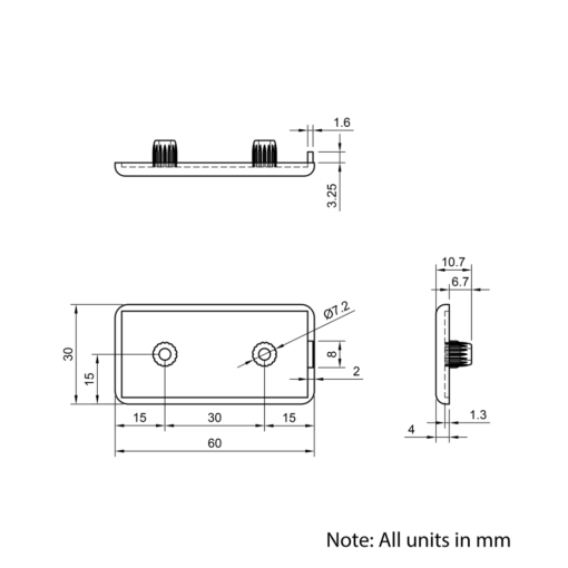 Technical Drawing Of Plastic End Cap - 30 Series - 30x60