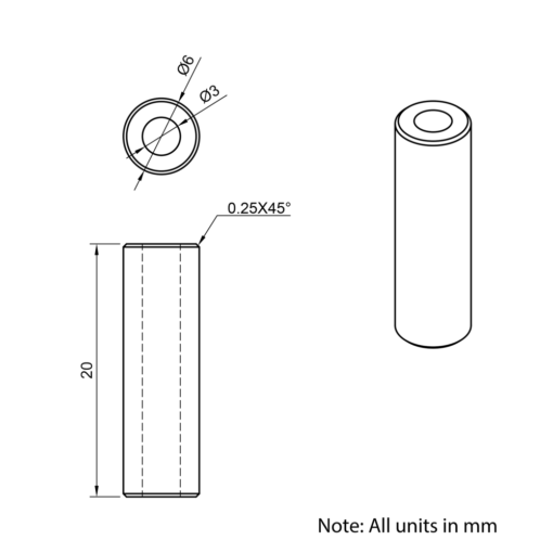 Technical Drawing Of Aluminium Spacer - 3mm - 20mm