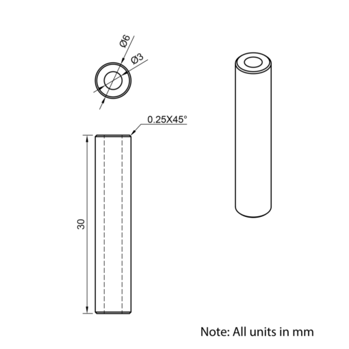 Technical Drawing Of Aluminium Spacer - 3mm - 30mm