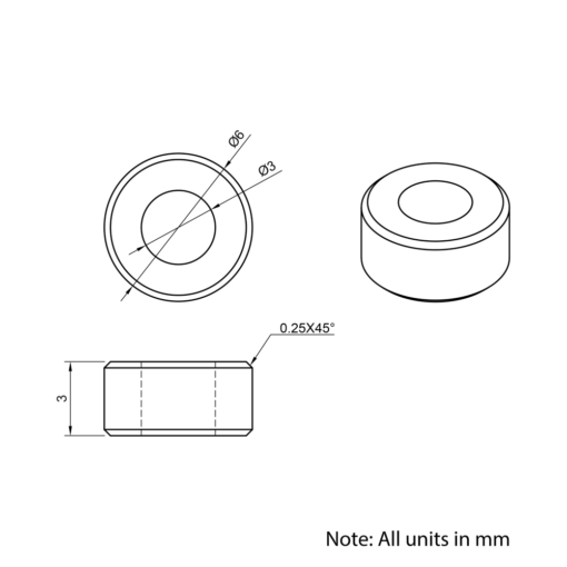 Technical Drawing Of Aluminium Spacer - 3mm - 3mm