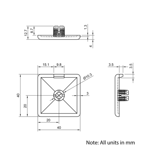 Technical Drawing Of Plastic End Cap - 40 Series - 40x40