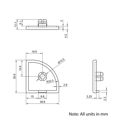 Technical Drawing Of Plastic End Cap - 40 Series - 40x40 - 90 Degree Radius