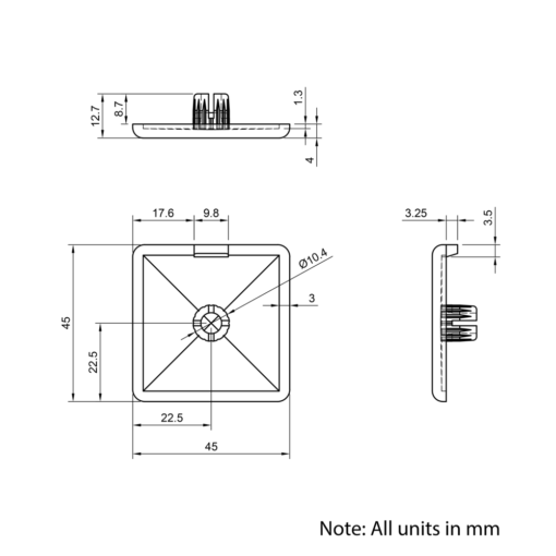 Technical Drawing Of Plastic End Cap - 45 Series - 45x45