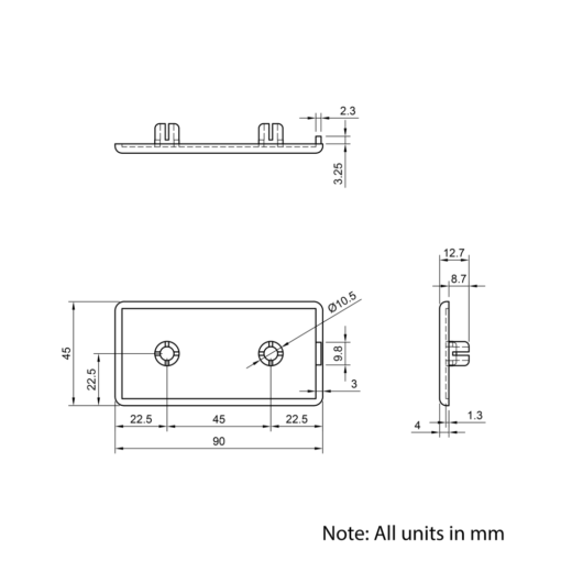 Technical Drawing Of Plastic End Cap - 45 Series - 45x90