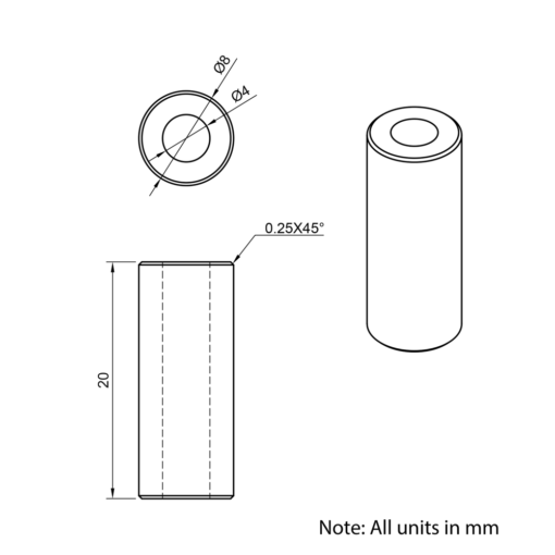 Technical Drawing Of Aluminium Spacer - 4mm - 20mm