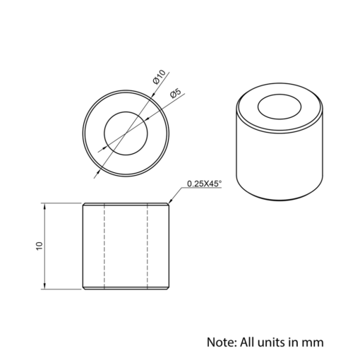 Technical Drawing Of Aluminium Spacer - 5mm - 10mm