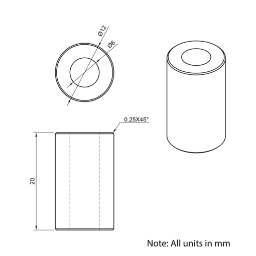 Technical Drawing Of Aluminium Spacer - 6mm - 20mm