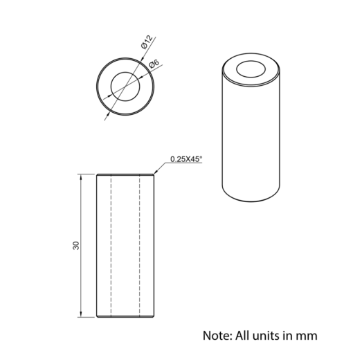Technical Drawing Of Aluminium Spacer - 6mm - 30mm