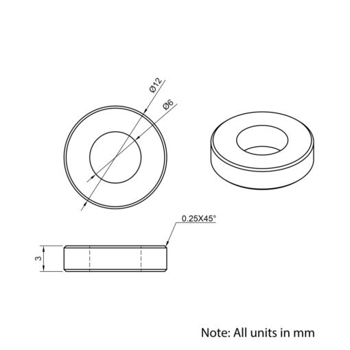 Technical Drawing Of Aluminium Spacer - 6mm - 3mm