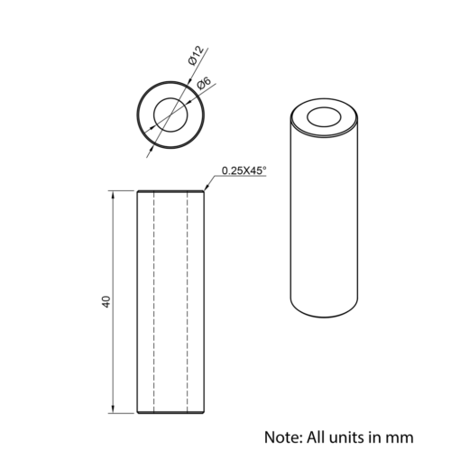 Technical Drawing Of Aluminium Spacer - 6mm - 40mm