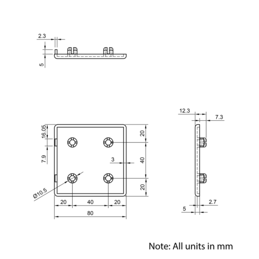 Technical Drawing Of Plastic End Cap - 40 Series - 80x80
