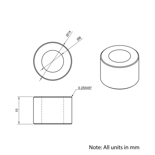 Technical Drawing Of Aluminium Spacer - 8mm - 10mm
