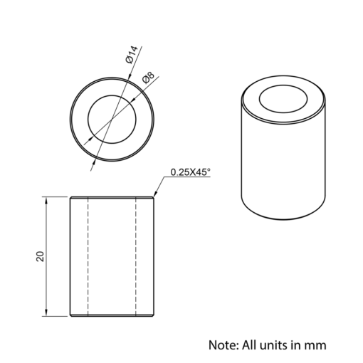 Technical Drawing Of Aluminium Spacer - 8mm - 20mm