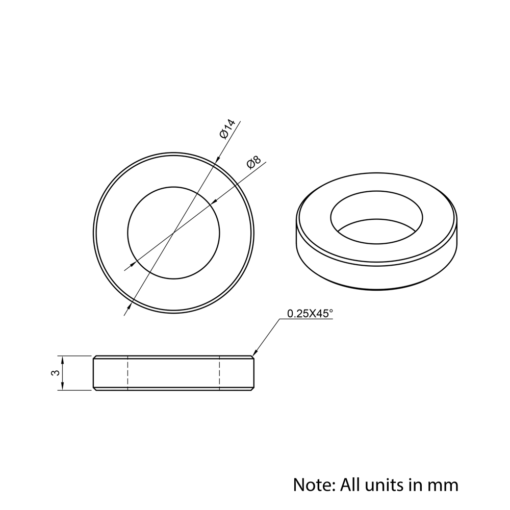 Technical Drawing Of Aluminium Spacer - 8mm - 3mm