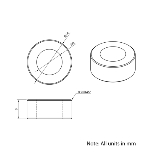 Technical Drawing Of Aluminium Spacer - 8mm - 6mm