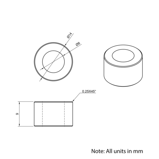 Technical Drawing Of Aluminium Spacer - 8mm - 9mm