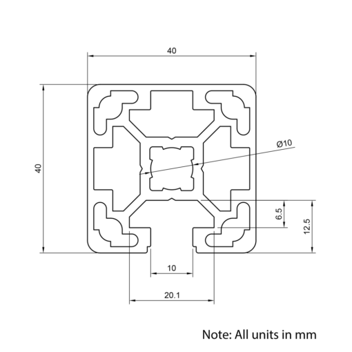 Technical Drawing Of Aluminium Extrusion Profile - T-Slot - 40x40mm - 1 Slot - Silver - Cut to Size