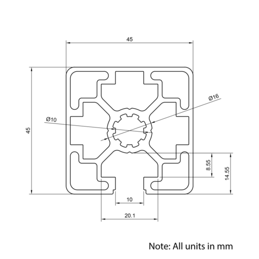 Technical Drawing Of Aluminium Extrusion Profile - T-Slot - 45x45mm - 1 Slot - Silver - Cut to Size
