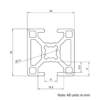 Technical Drawing Of Aluminium Extrusion Profile - T-Slot - 30x30mm - 2 Slot - Silver - Cut to Size