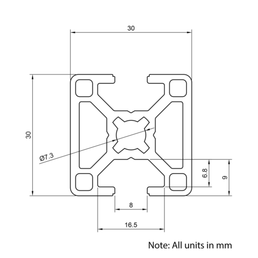 Technical Drawing Of Aluminium Extrusion Profile - T-Slot - 30x30mm - 2 Slot - Silver - Cut to Size