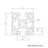 Technical Drawing Of Aluminium Extrusion Profile - T-Slot - 40x40mm - 2 Slot - Silver - Cut to Size
