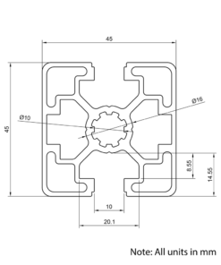 Technical Drawing Of Aluminium Extrusion Profile - T-Slot - 45x45mm - 2 Slot - Silver - Cut to Size