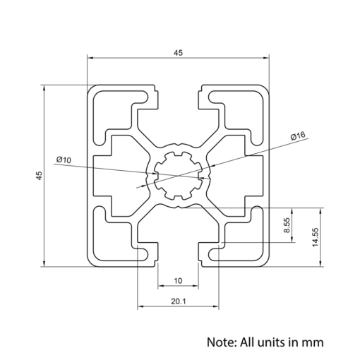 Technical Drawing Of Aluminium Extrusion Profile - T-Slot - 45x45mm - 2 Slot - Silver - Cut to Size