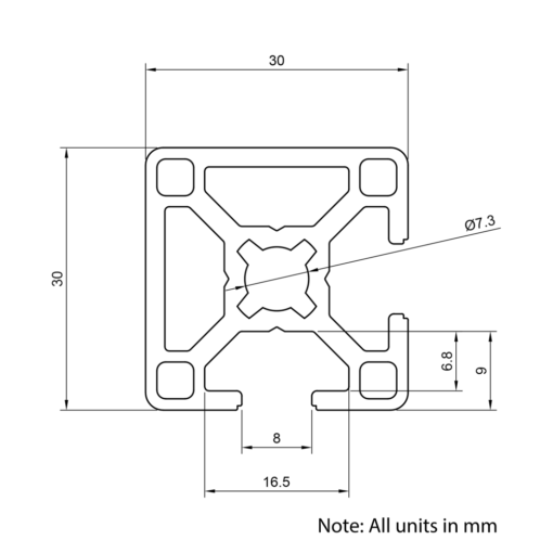 Technical Drawing Of Aluminium Extrusion Profile - T-Slot - 30x30mm - 2 Slot Corner - Silver - Cut to Size
