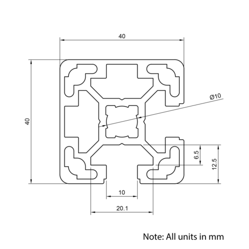 Technical Drawing Of Aluminium Extrusion Profile - T-Slot - 40x40mm - 2 Slot Corner - Silver - Cut to Size