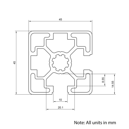 Technical Drawing Of Aluminium Extrusion Profile - T-Slot - 45x45mm - 2 Slot Corner - Silver - Cut to Size