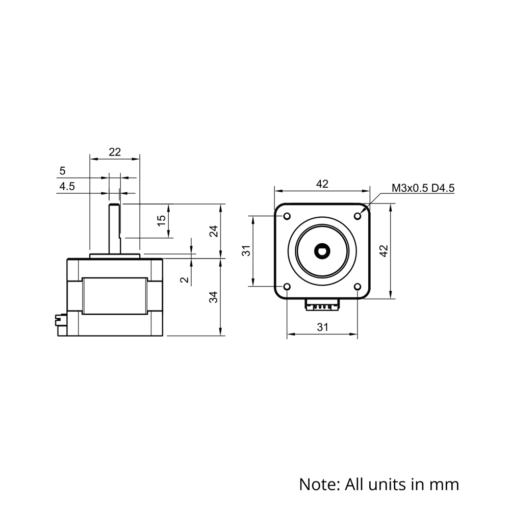 Technical Drawing Of NEMA17 Stepper Motor - 35oz - 1.33A - 0.9 Degree - With Wire