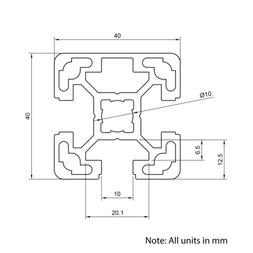 Technical Drawing Of Aluminium Extrusion Profile - T-Slot - 40x40mm - 3 Slot - Silver - Cut to Size