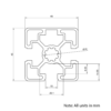 Technical Drawing Of Aluminium Extrusion Profile - T-Slot - 45x45mm - 3 Slot - Silver - Cut to Size