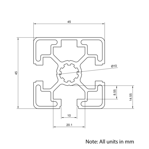Technical Drawing Of Aluminium Extrusion Profile - T-Slot - 45x45mm - 3 Slot - Silver - Cut to Size