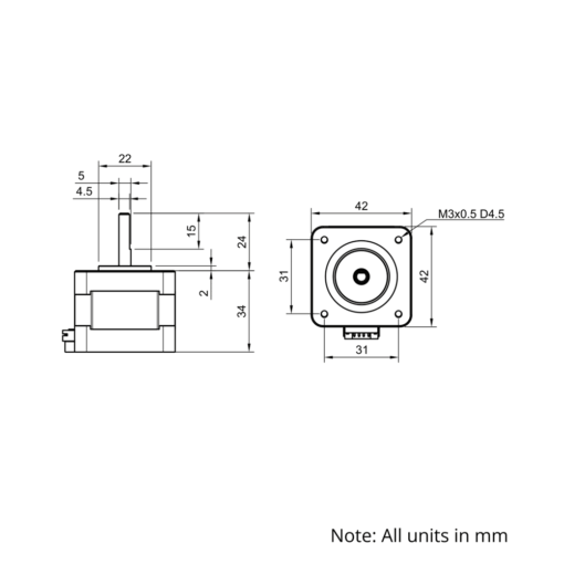 Technical Drawing Of NEMA17 Stepper Motor - 44oz - 1.33A - 1.8 Degree - With Wire
