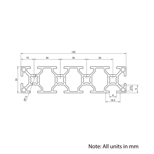 Technical Drawing Of Aluminium Extrusion Profile - T-Slot - 30x120mm - Silver - Cut to Size